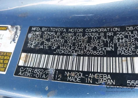 2008 Toyota Prius z USA, uszkodzony, nr VIN JTDKB20U487698651